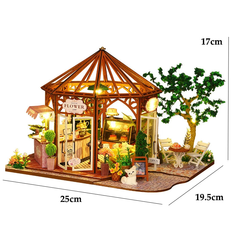 Wooden Miniature Dollhouse with LED Light Creative DIY Flower House Handmade 3D Puzzle Assembly Building Model Toys Doll Houses