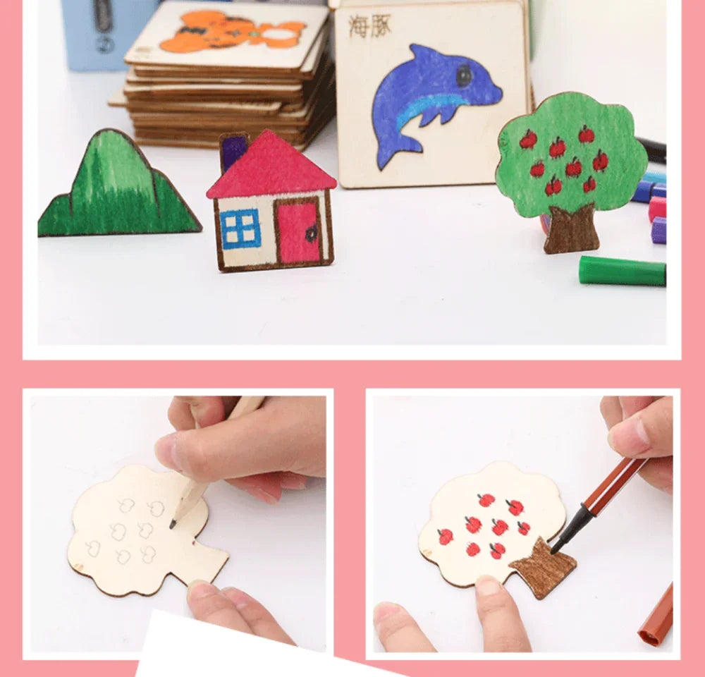 Kids Drawing Toys Montessori DIY Painting Stencils Template Wooden Craft Puzzle Educational Toys for Boys Girls Best Gift