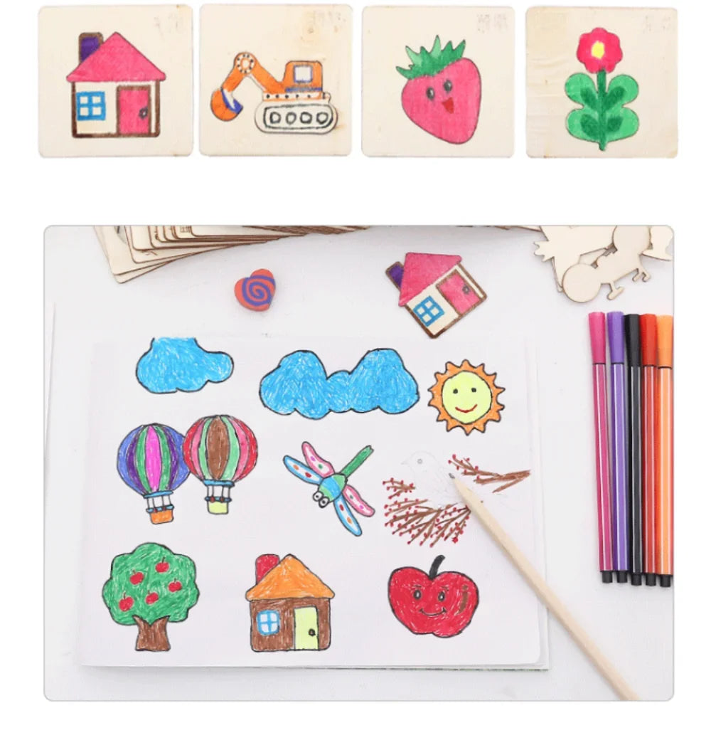 Kids Drawing Toys Montessori DIY Painting Stencils Template Wooden Craft Puzzle Educational Toys for Boys Girls Best Gift