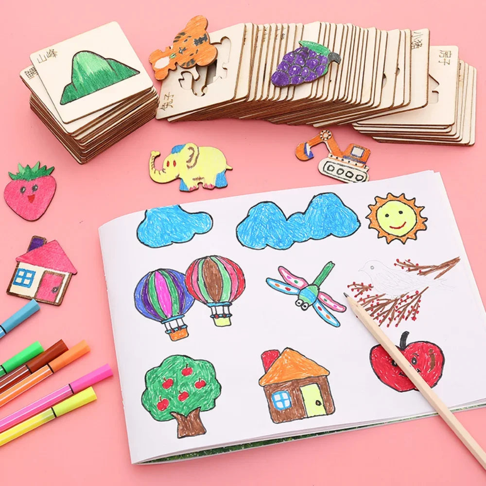 Kids Drawing Toys Montessori DIY Painting Stencils Template Wooden Craft Puzzle Educational Toys for Boys Girls Best Gift