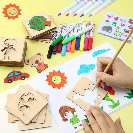 Kids Drawing Toys Montessori DIY Painting Stencils Template Wooden Craft Puzzle Educational Toys for Boys Girls Best Gift