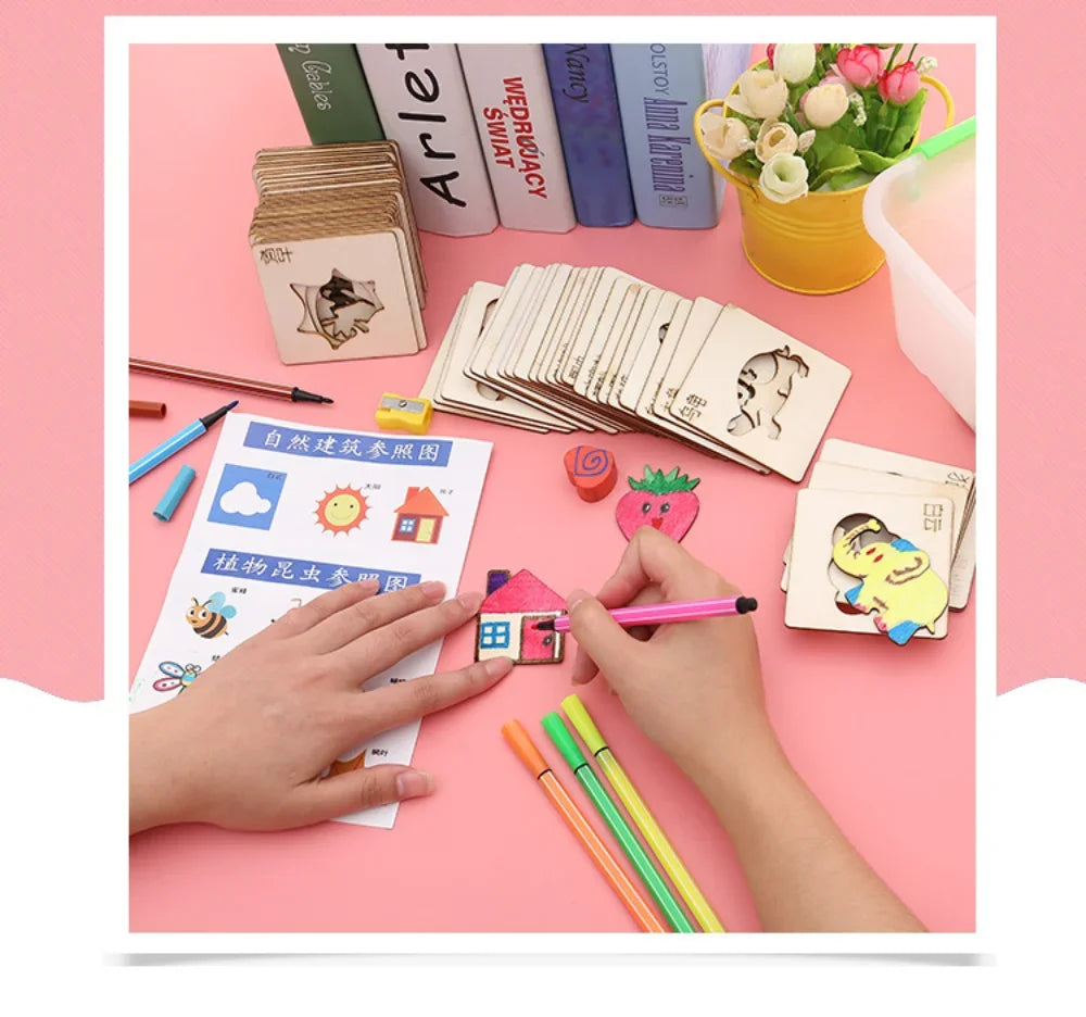 Kids Drawing Toys Montessori DIY Painting Stencils Template Wooden Craft Puzzle Educational Toys for Boys Girls Best Gift