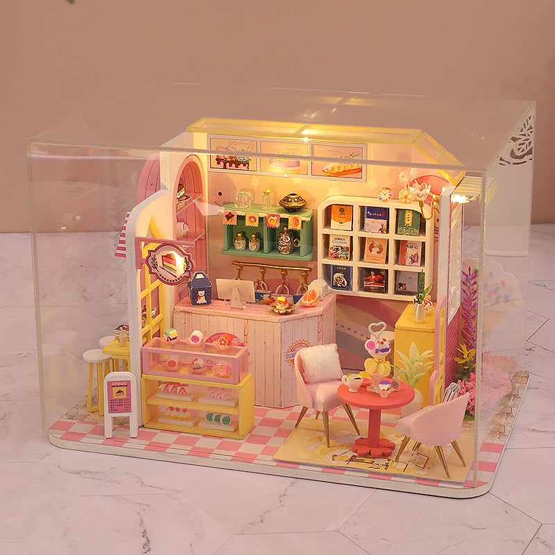 Wooden Miniature Dollhouse with LED Light Creative DIY Flower House Handmade 3D Puzzle Assembly Building Model Toys Doll Houses