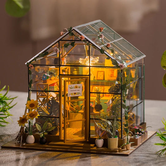 Wooden Miniature Dollhouse with LED Light Creative DIY Flower House Handmade 3D Puzzle Assembly Building Model Toys Doll Houses
