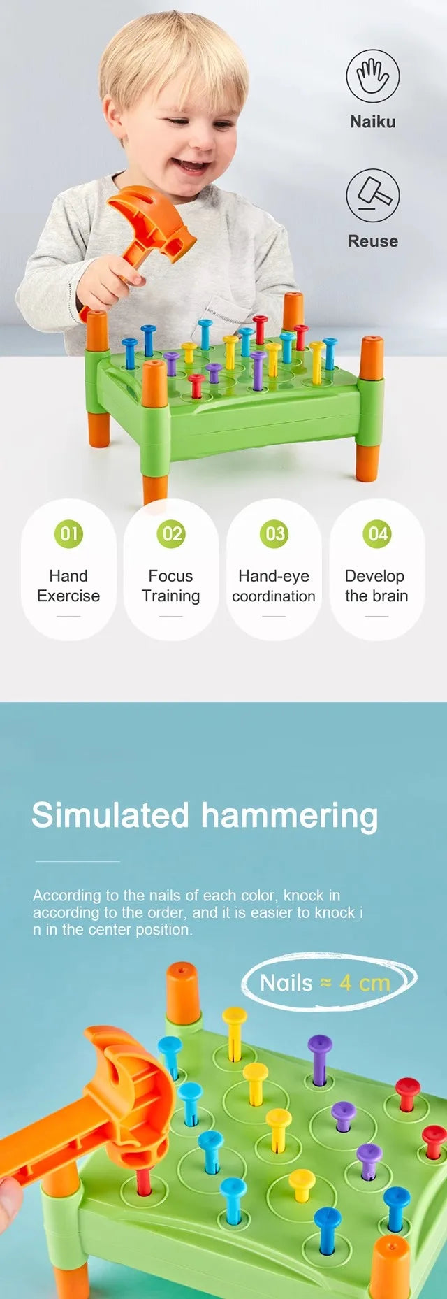 Educational Toys Nail Hammer Pile Driving Platform Montessori Teaching Aids Early Education Children Concentration Training Toy