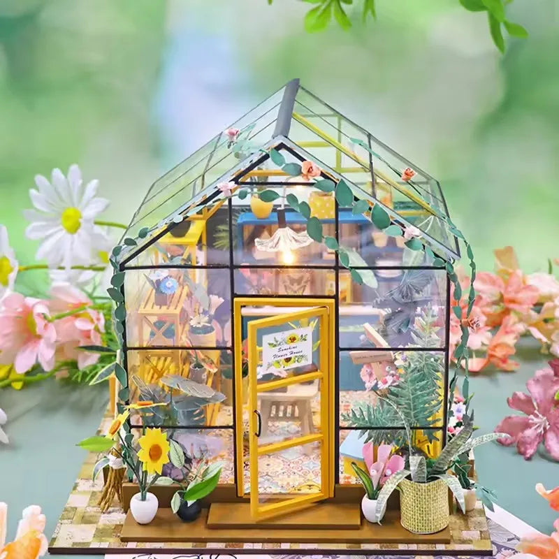 Wooden Miniature Dollhouse with LED Light Creative DIY Flower House Handmade 3D Puzzle Assembly Building Model Toys Doll Houses