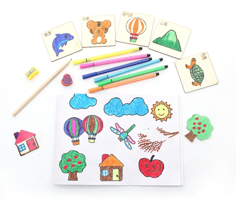 Kids Drawing Toys Montessori DIY Painting Stencils Template Wooden Craft Puzzle Educational Toys for Boys Girls Best Gift