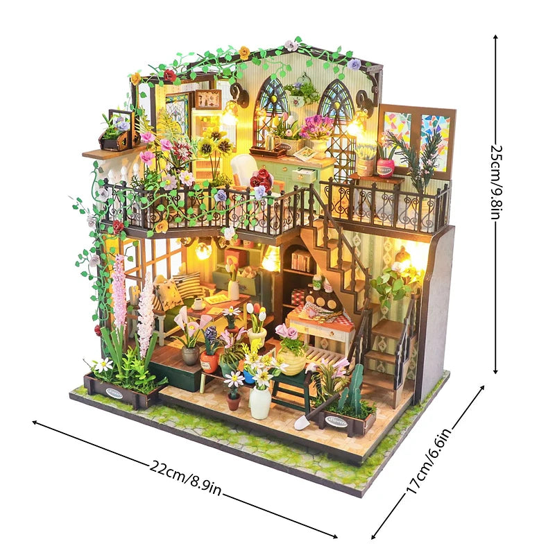 Wooden Miniature Dollhouse with LED Light Creative DIY Flower House Handmade 3D Puzzle Assembly Building Model Toys Doll Houses